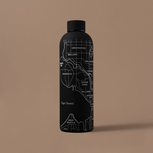 NARBO 25oz double wall stainless steel thermo water bottle with premium silicone surface finish and Seattle, WA map etching design