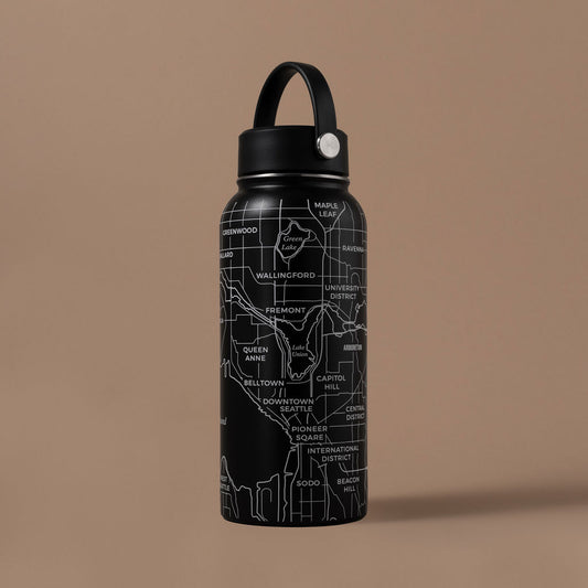 NARBO 32oz double wall stainless steel thermo water bottle with premium powder coating finish and Seattle, WA map etching design