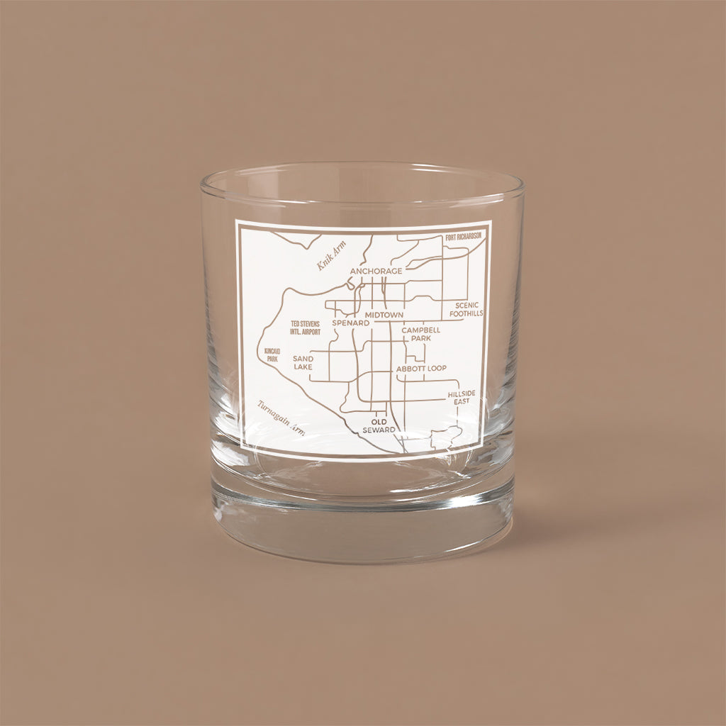 NARBO THE BLOCK 11oz whisky rocks DOF glass with Anchorage, AK map design