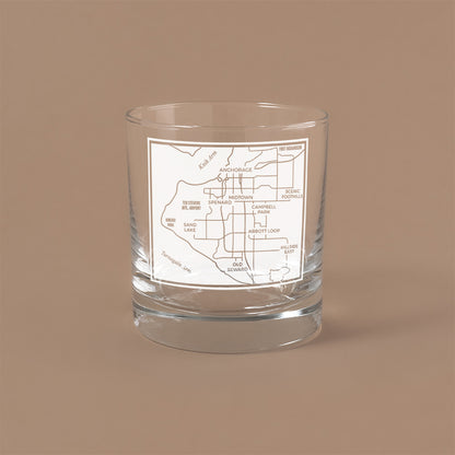 NARBO THE BLOCK 11oz whisky rocks DOF glass with Anchorage, AK map design