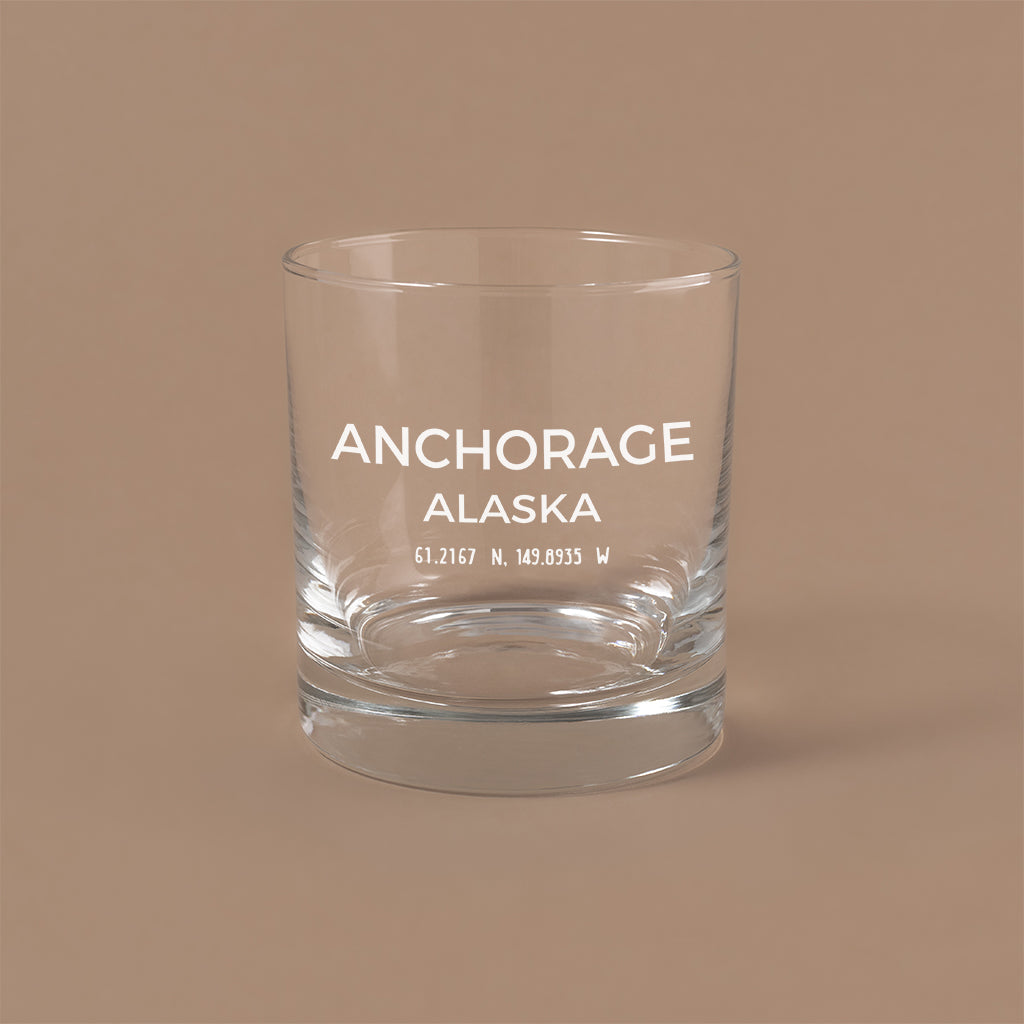 NARBO THE BLOCK 11oz whisky rocks DOF glass with Anchorage, AK map design