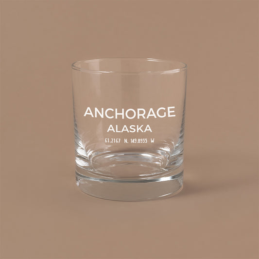 NARBO THE BLOCK 11oz whisky rocks DOF glass with Anchorage, AK map design